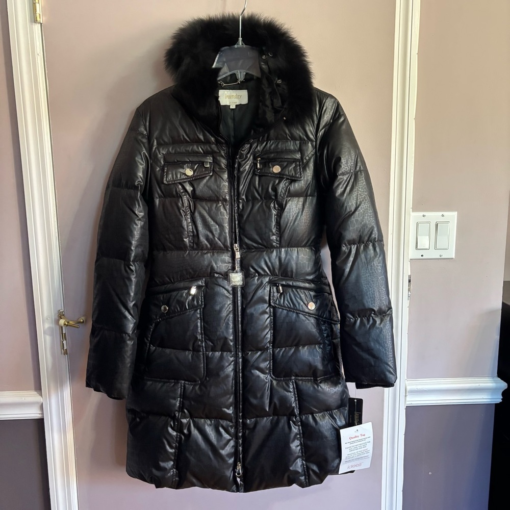 Laundry By Shelli Segal Black Puffer Coat with Fur Trim